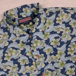 Vineyard Vines Shirt Mens XL Blue Floral Fish SS Button Up Hawaiian Camp Cotton